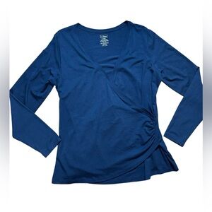 LL Bean Navy Long Sleeve Faux Wrap Ruched Top Clean Girl Essential Sz L‎